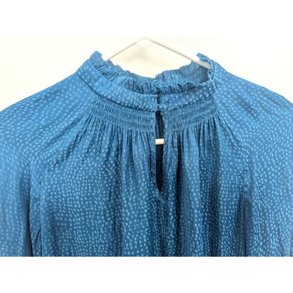 Blue Dot Button Ruffle High Neck Keyhole Blouse Ruffle Cuffs Smocked WHBM XXSP - Picture 2 of 6